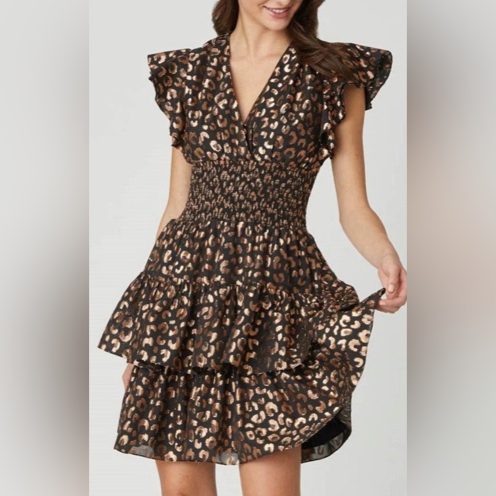 SHOSHANNA- Marina dress Jet/Bronze Leopard Print Ruffle Dress NWT